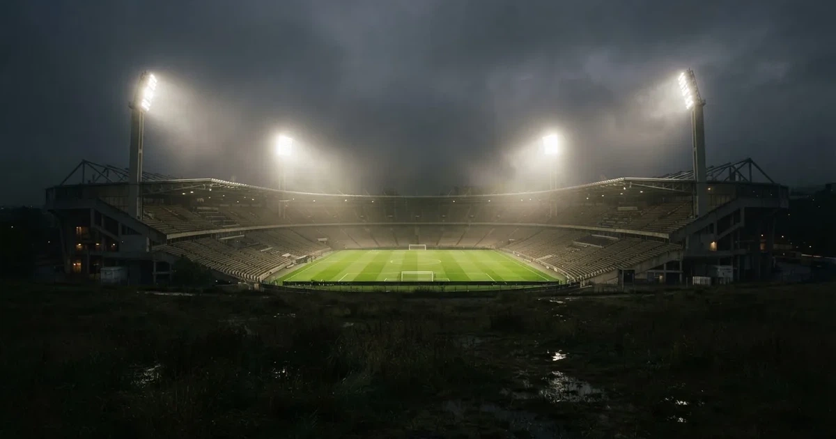 Ein Stadion unter Flutlicht, aus großer Entfernung über eine dunkle Wiese fotografiert, am Himmel zieht Nebel auf.