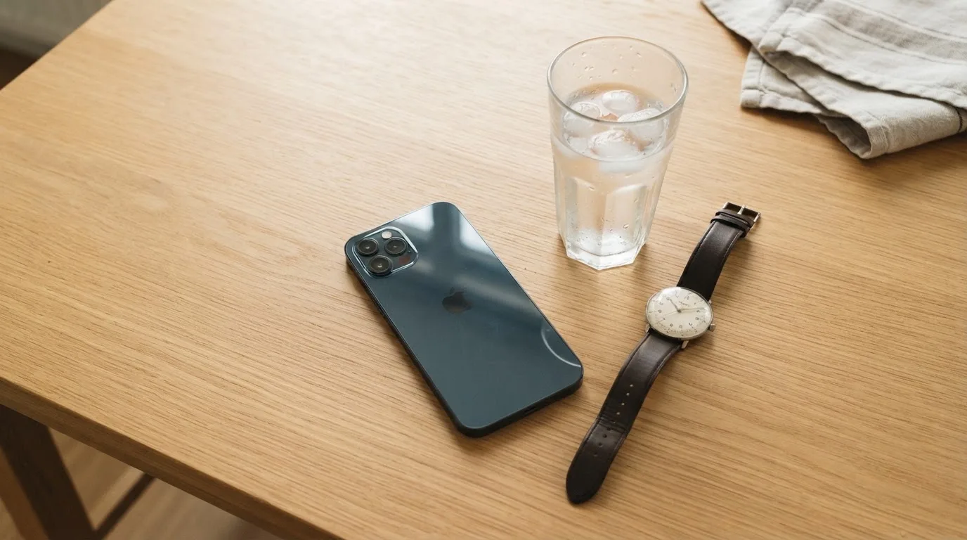 Ein Smartphone liegt mit dem Display nach unten auf einem Küchentisch, daneben stehen ein Glas Wasser und eine Armbanduhr.