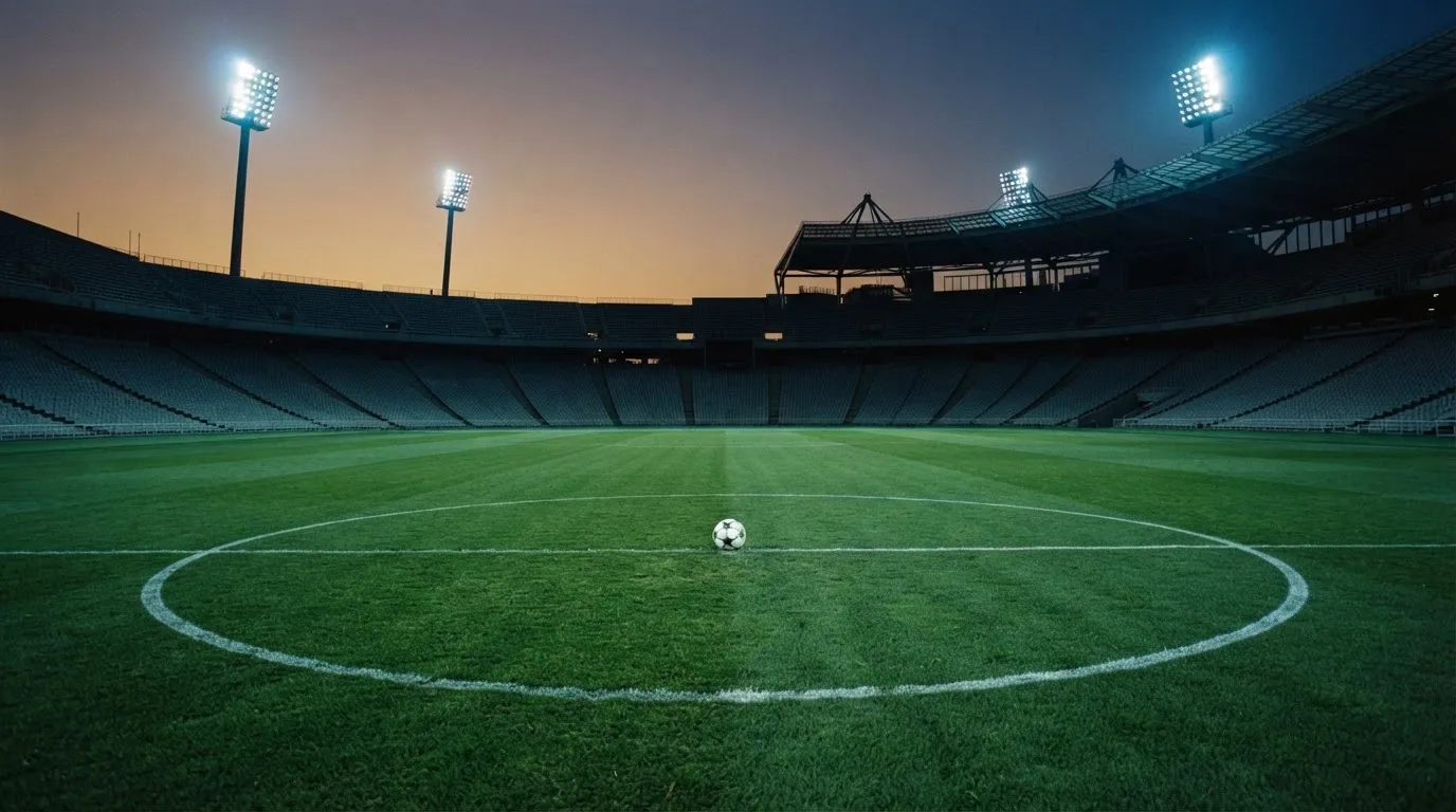 Ein Fußball liegt auf dem Rasen eines leeren Platzes, im Hintergrund ein Stadion unter Flutlicht in der Abenddämmerung.