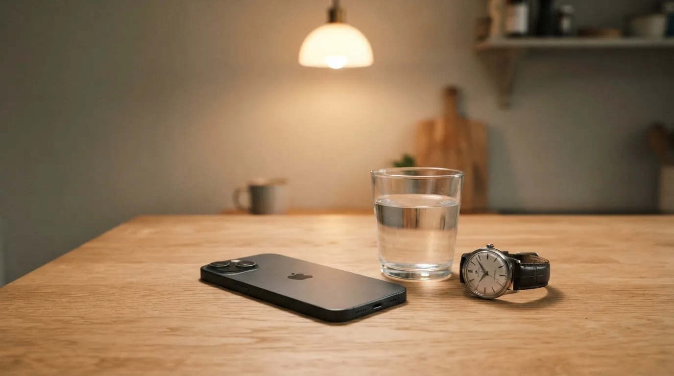 Ein Smartphone liegt mit dem Display nach unten auf einem Küchentisch, daneben stehen ein Glas Wasser und eine Armbanduhr.