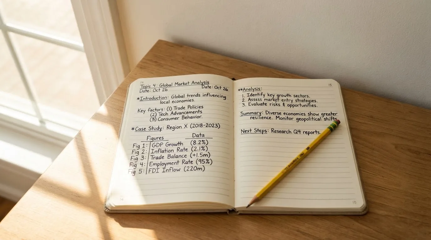 Ein Notizbuch mit handschriftlichen Notizen und ein Bleistift liegen auf einem Schreibtisch am Fenster, draußen fällt Morgenlicht herein.