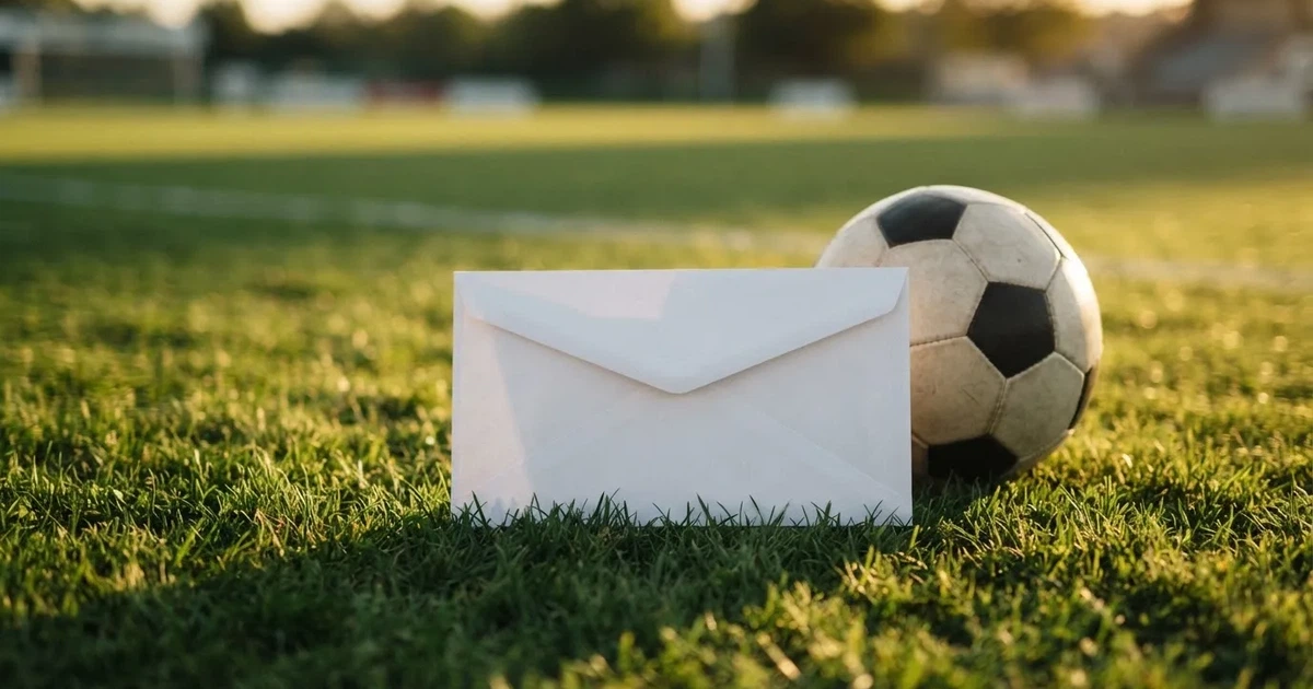Ein verschlossener leerer Briefumschlag liegt neben einem Fußball auf grünem Rasen im warmen Licht des Nachmittags.