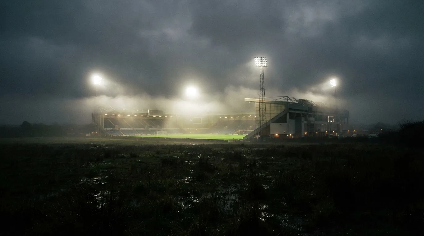 Ein Stadion unter Flutlicht, aus großer Entfernung über eine dunkle Wiese fotografiert, am Himmel zieht Nebel auf.
