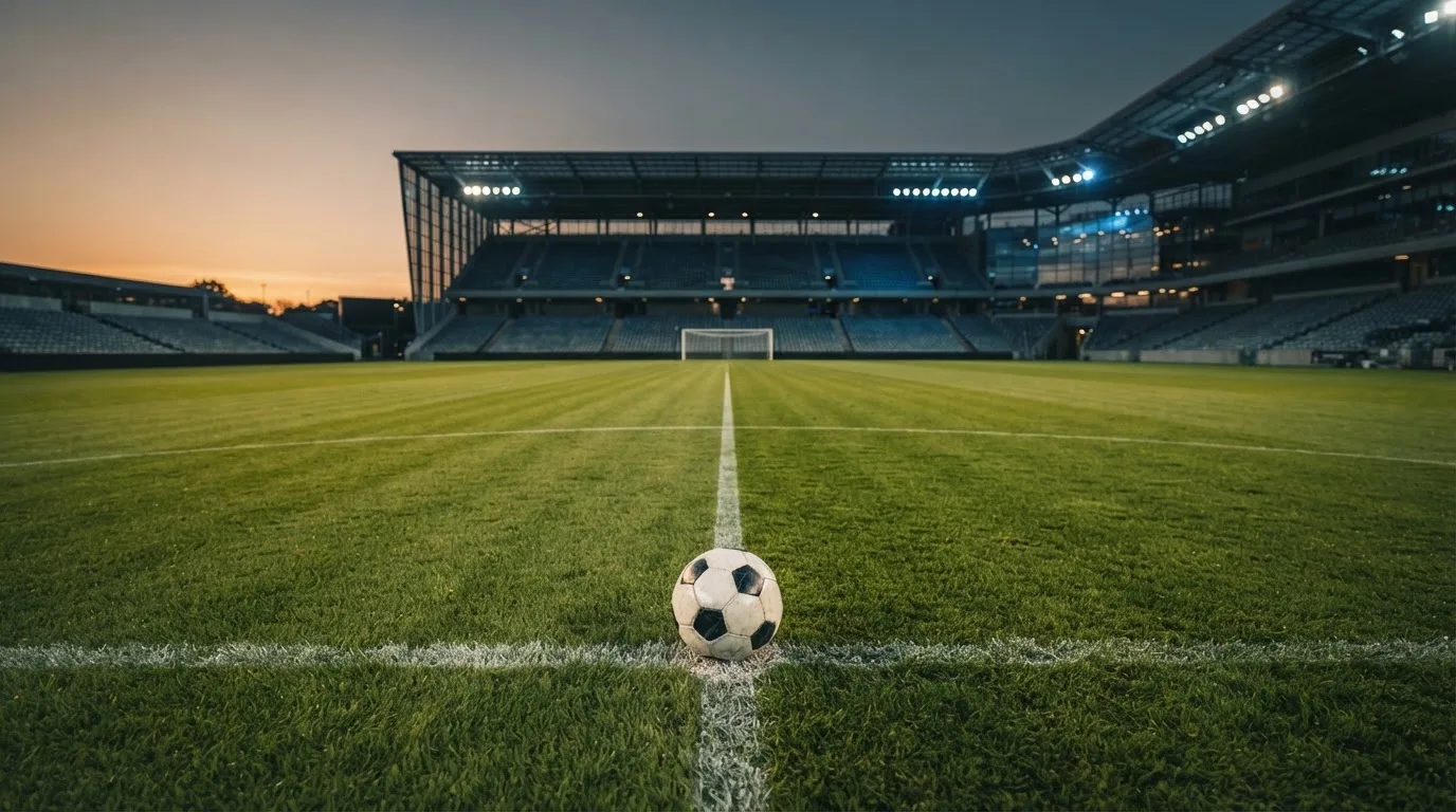 Ein Fußball liegt auf dem Anstoßpunkt eines leeren Rasenplatzes, im Hintergrund steht ein Stadion unter Flutlicht in der Dämmerung.