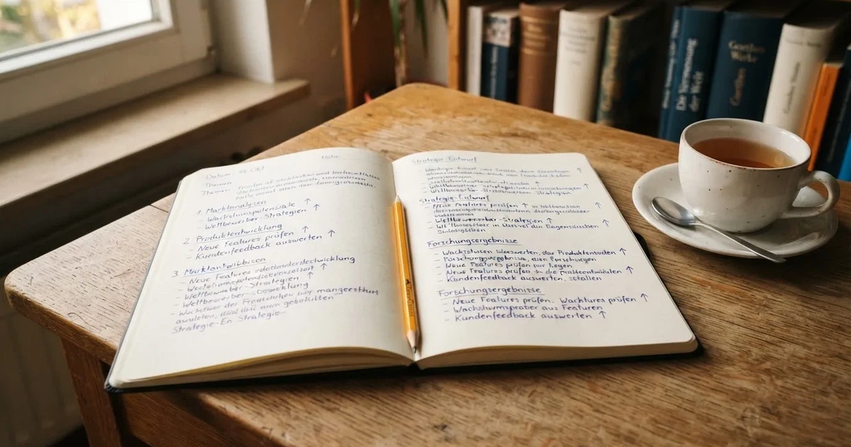 Ein Notizbuch mit handschriftlichen Notizen und Pfeilen liegt aufgeschlagen auf einem Schreibtisch, daneben ein Bleistift und eine Tasse Tee.