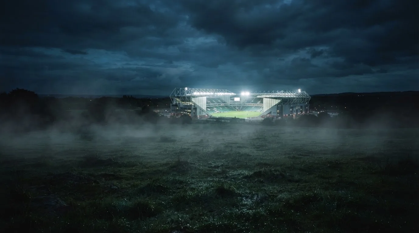 Ein Stadion unter Flutlicht, aus großer Entfernung über eine dunkle Wiese fotografiert, am Himmel zieht Nebel auf.