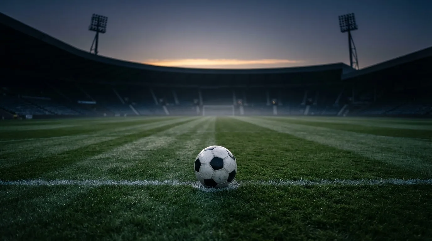 Ein Fußball liegt auf dem Anstoßpunkt eines leeren Rasenplatzes in der Morgendämmerung, im Hintergrund eine leere Tribüne.