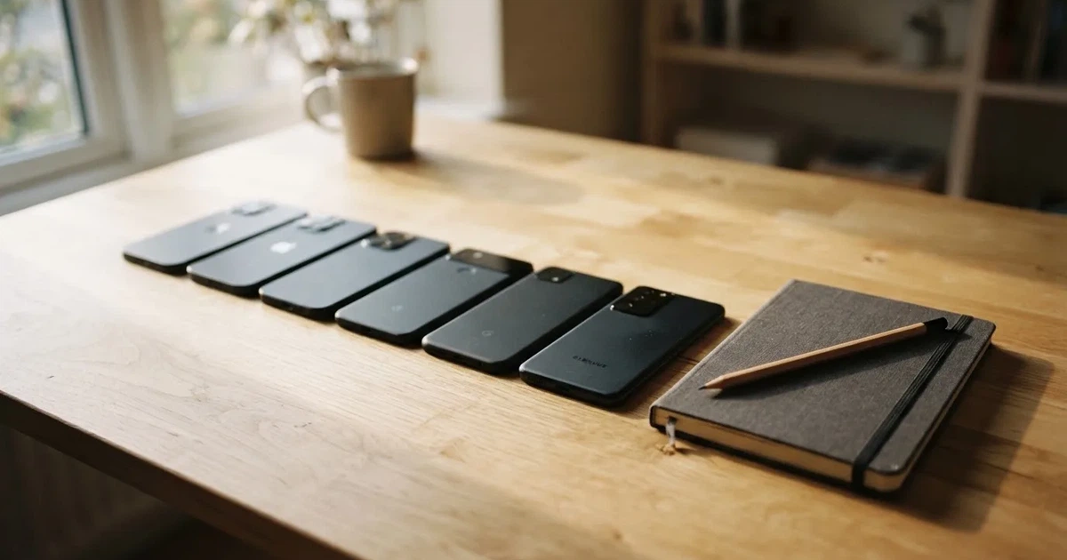 Mehrere Smartphones liegen mit dem Display nach unten neben einem Notizblock und einem Bleistift auf einem hellen Holztisch, seitliches Morgenlicht.