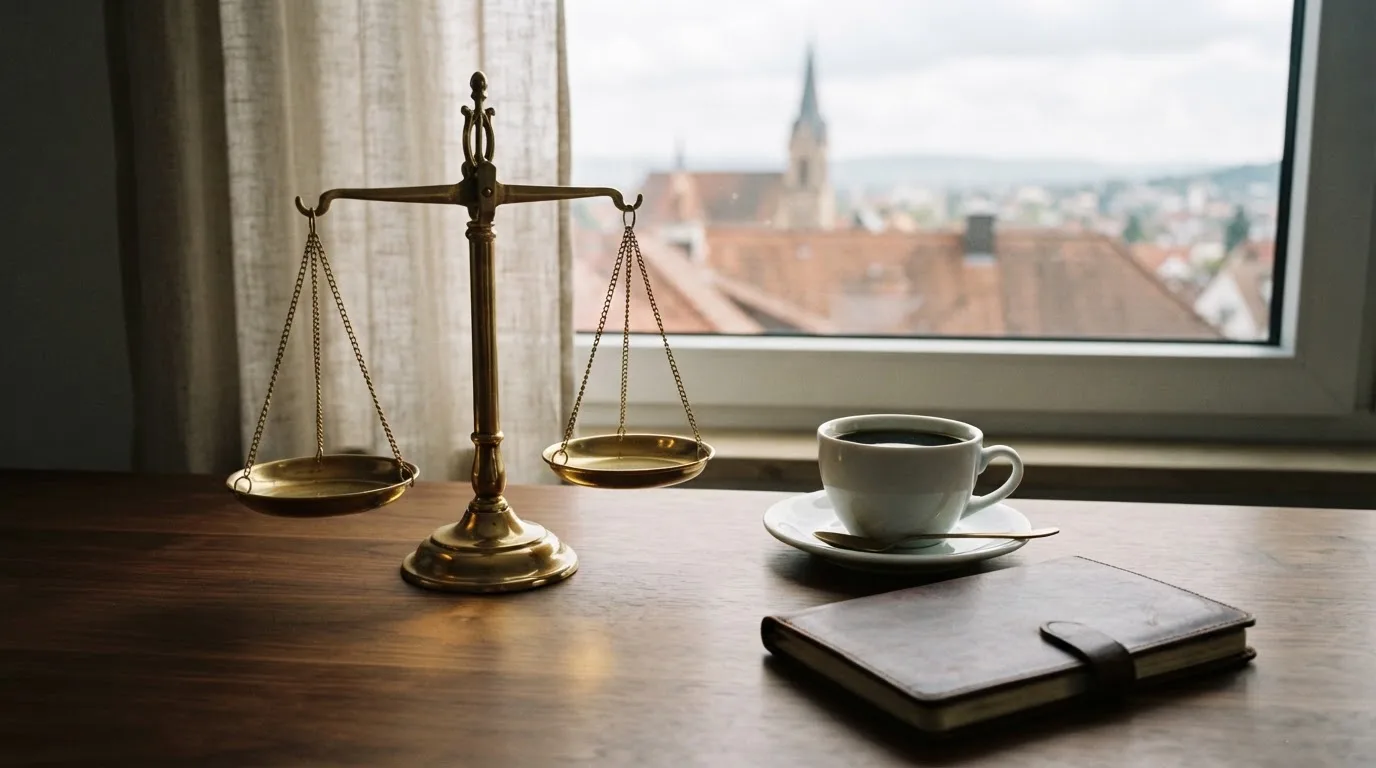 Eine Messingwaage steht auf einem dunklen Holzschreibtisch neben einer Kaffeetasse, im Hintergrund ein Fenster mit Blick auf Dächer.