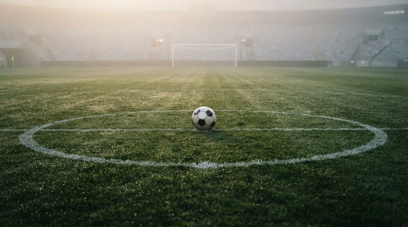 Ein Fußball ruht auf dem Mittelkreis eines leeren Rasenplatzes in der Morgendämmerung, Tau liegt auf dem Gras.