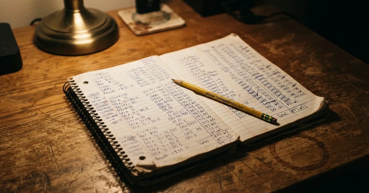 Ein Notizbuch mit handschriftlichen Spalten und Strichlisten liegt neben einem Taschenrechner und einem Bleistift auf einem Schreibtisch.