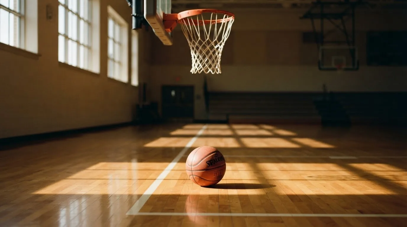 Ein Basketball liegt auf dem Hallenboden unter einem Korb, das Netz hängt ruhig, Morgenlicht fällt durch hohe Fenster.
