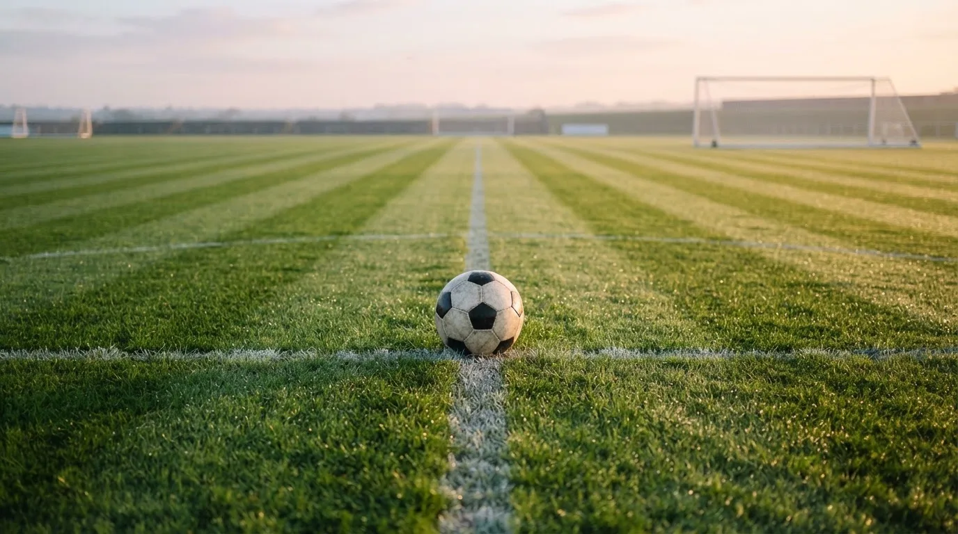 Ein Fußball liegt auf dem Anstoßkreis eines leeren Rasenplatzes im Licht der Morgensonne.
