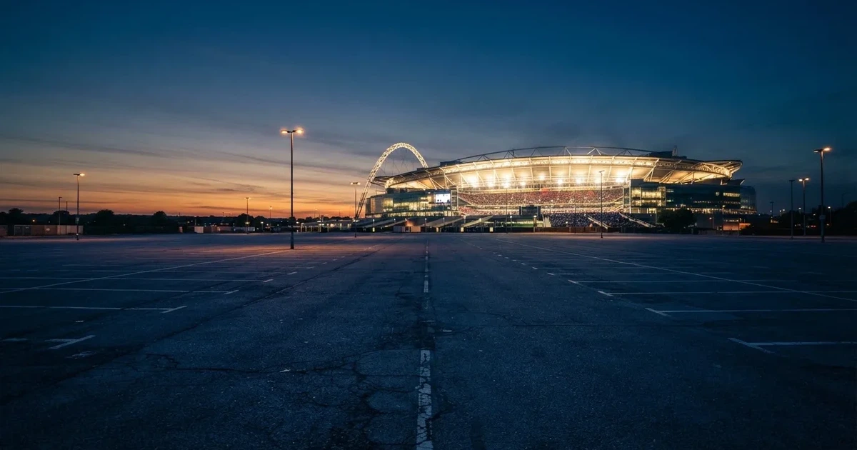 Ein Fußballstadion unter Flutlicht aus großer Entfernung, davor ein dunkler Parkplatz und ein heller Abendhimmel.