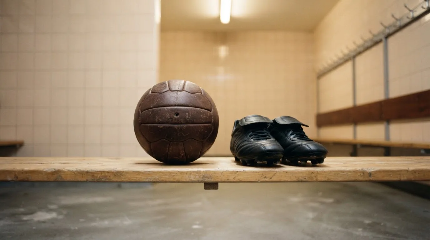 Ein Fußball liegt neben einem Paar Fußballschuhen ohne Markenzeichen auf einer Holzbank in einer leeren Umkleide.