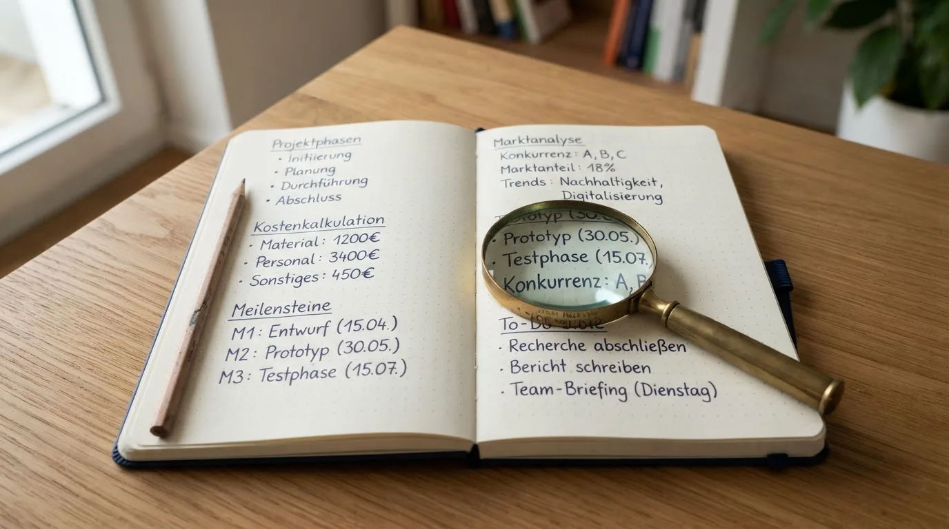 Ein Notizbuch mit handschriftlichen Stichpunkten liegt aufgeschlagen neben einer Lupe und einem Bleistift auf einem Schreibtisch.