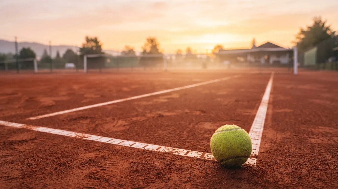 Ein Tennisplatz aus Sand bei Sonnenaufgang, leere weiße Linien und ein einzelner Ball neben der Grundlinie.