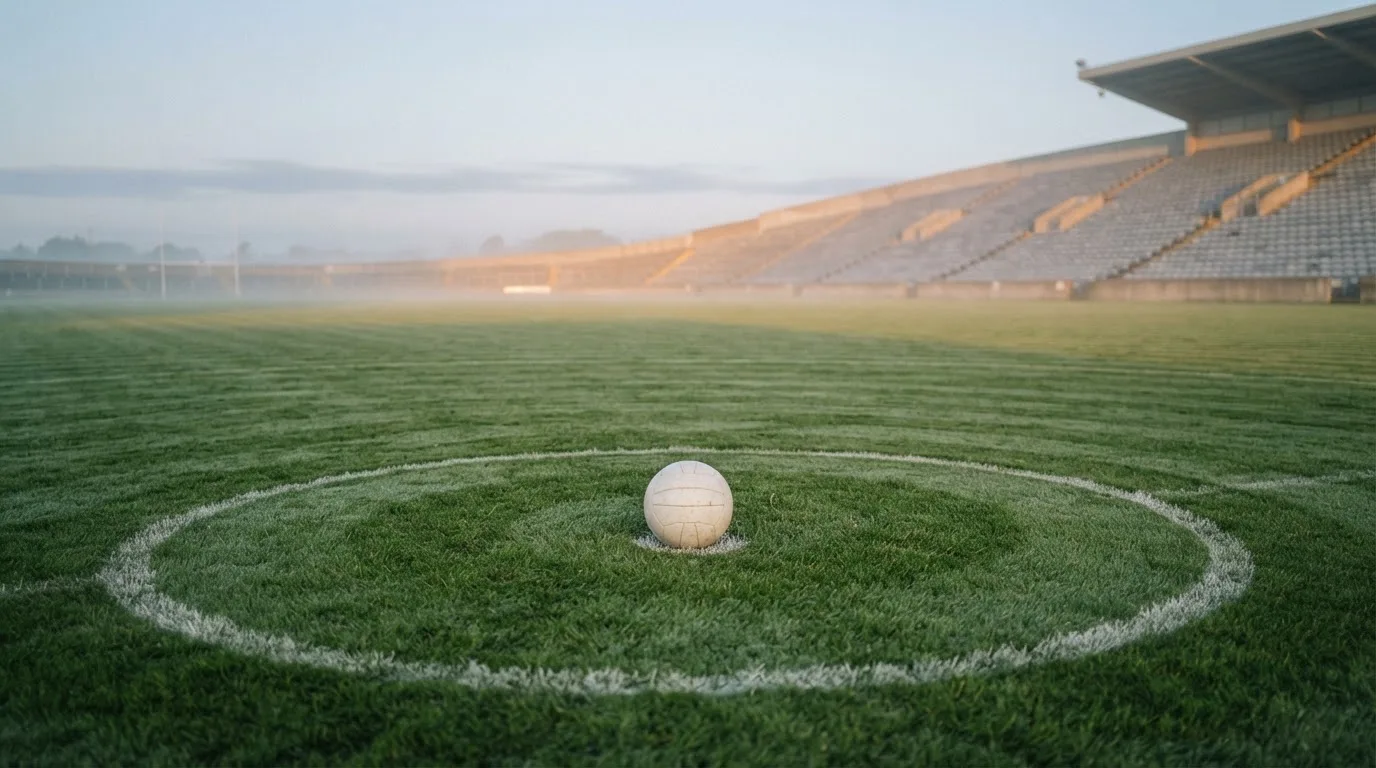 Ein Fußball liegt auf dem Anstoßpunkt eines leeren Rasenplatzes in der Morgendämmerung, im Hintergrund eine leere Tribüne.