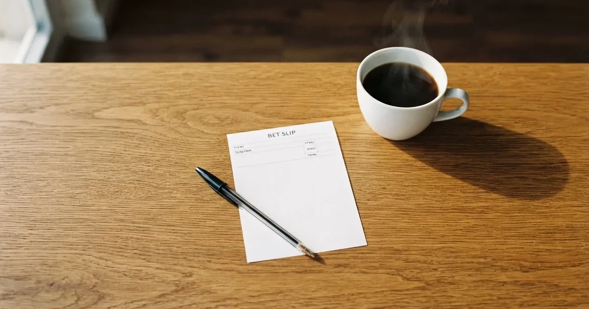 Ein leerer Wettschein aus Papier liegt neben einem Kugelschreiber und einer Tasse Kaffee auf einem Tisch, Aufnahme von oben.