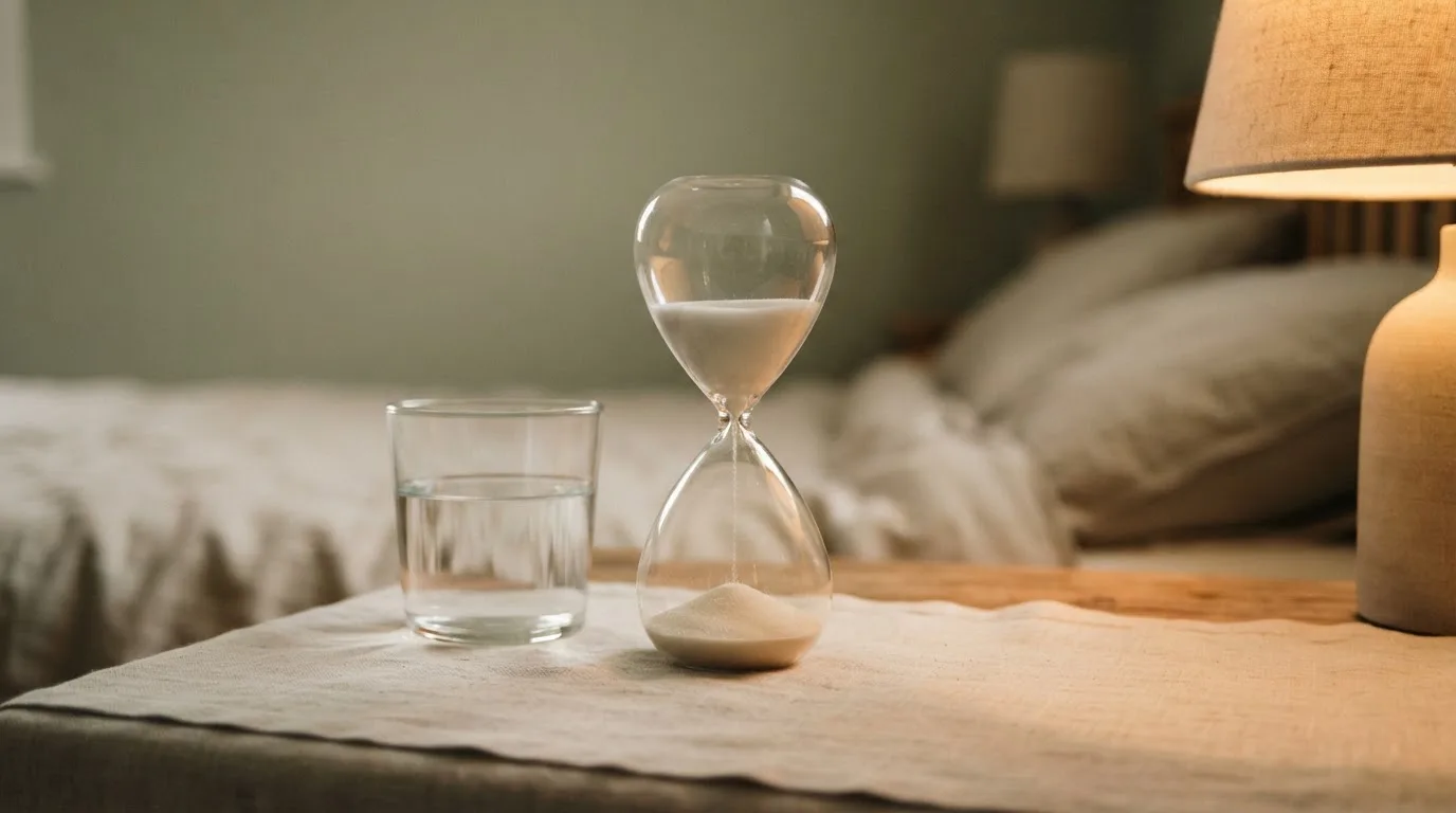 Eine Sanduhr und ein Glas Wasser stehen auf einem Tisch, im Hintergrund unscharf ein ruhiges Zimmer mit Lampe.