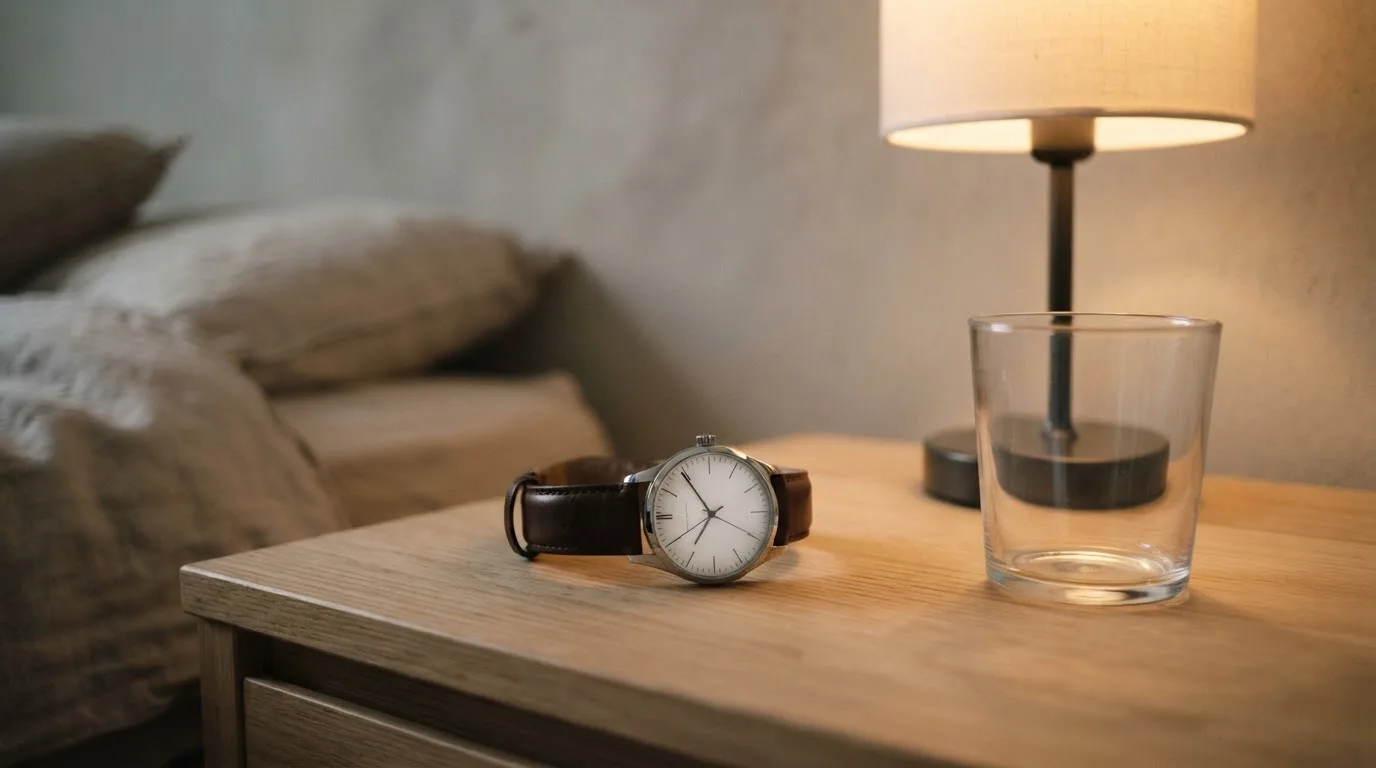 Eine Armbanduhr liegt neben einem leeren Glas auf einem Nachttisch, das Licht einer kleinen Lampe fällt auf die Platte.