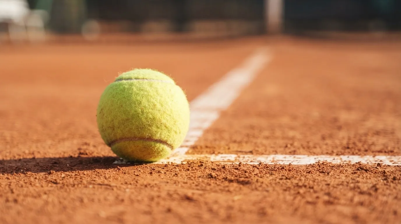 Ein einzelner Tennisball liegt auf rotem Sand neben einer weißen Linie, geringe Schärfentiefe.