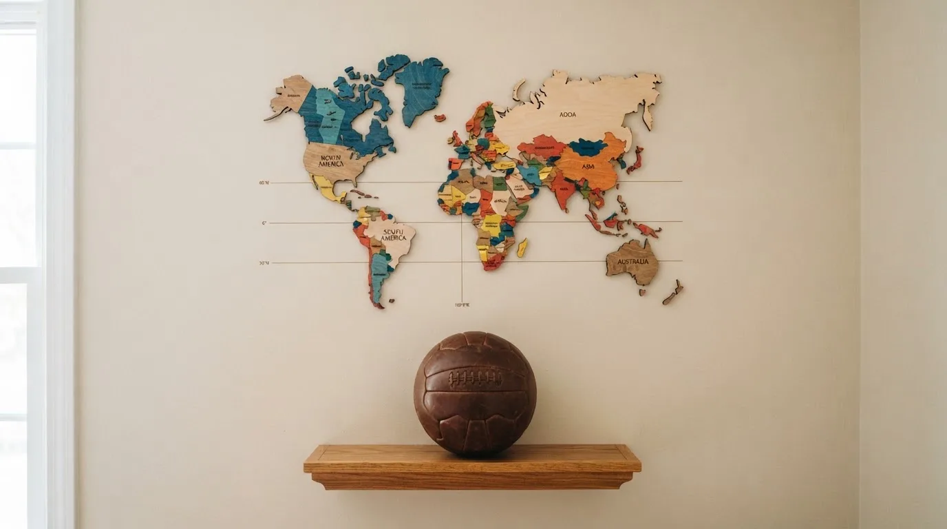 Eine Weltkarte aus Holz hängt an einer Wand, davor liegt ein Fußball auf einem Regal, ohne erkennbare Beschriftung.