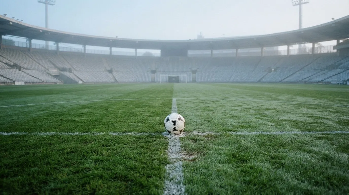 Ein Fußball liegt auf dem Anstoßpunkt eines leeren Rasenplatzes im frühen Morgenlicht, dahinter eine leere Tribüne.