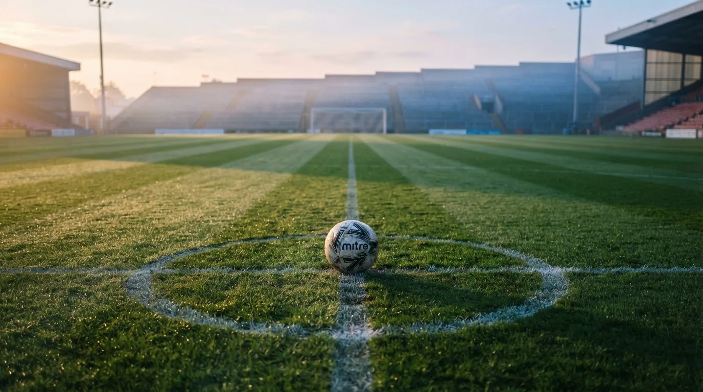 Ein Fußball liegt auf dem Anstoßpunkt eines leeren Rasenplatzes im frühen Morgenlicht, dahinter eine leere Tribüne.