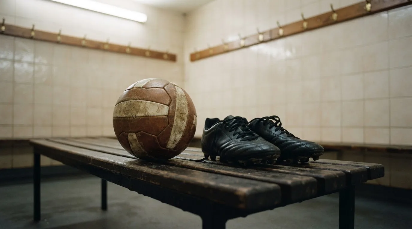 Ein Fußball liegt auf einer Holzbank in einer leeren Umkleide neben einem Paar Fußballschuhen ohne Markenzeichen.
