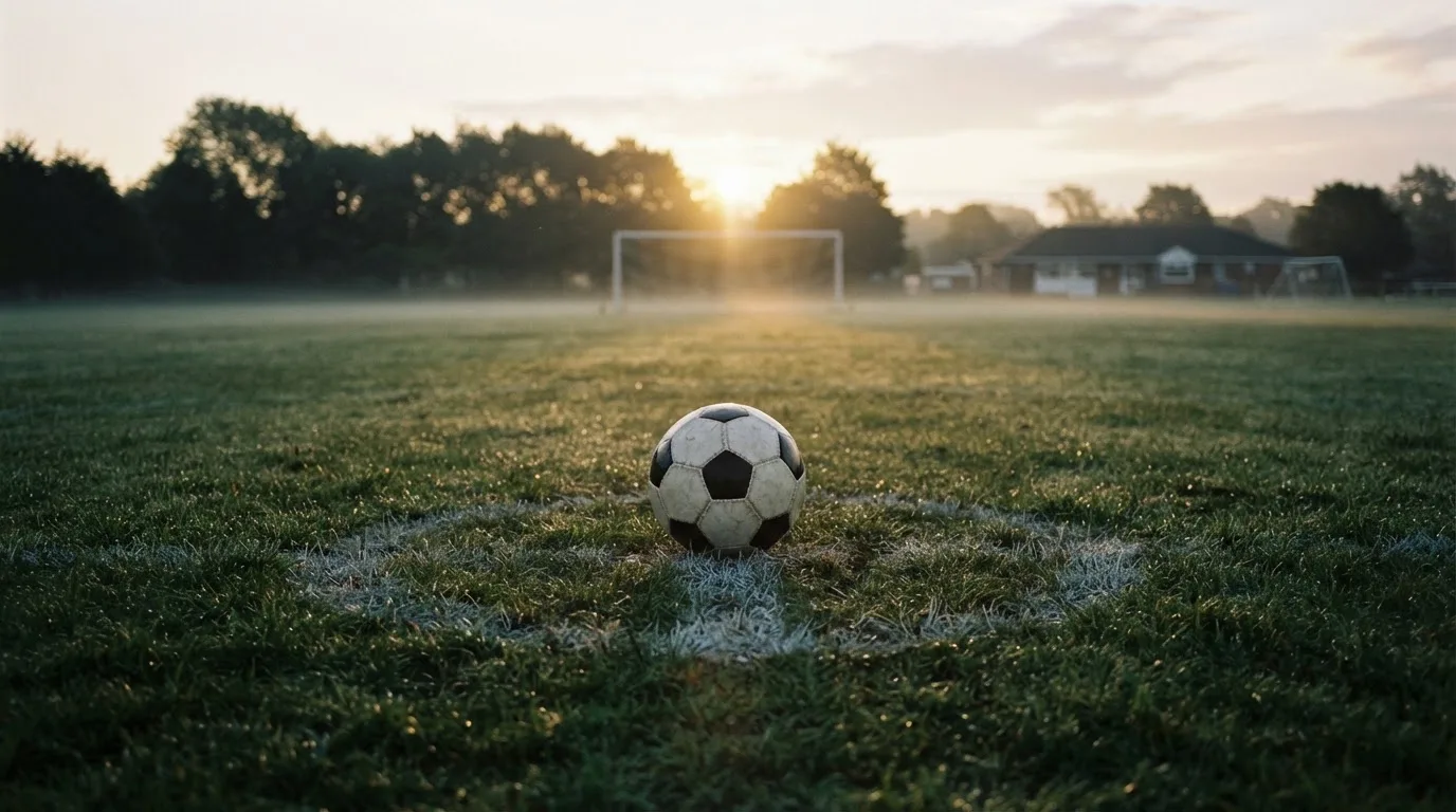 Ein Fußball ruht auf dem Mittelkreis eines leeren Rasenplatzes in der Morgendämmerung, Tau liegt auf dem Gras.