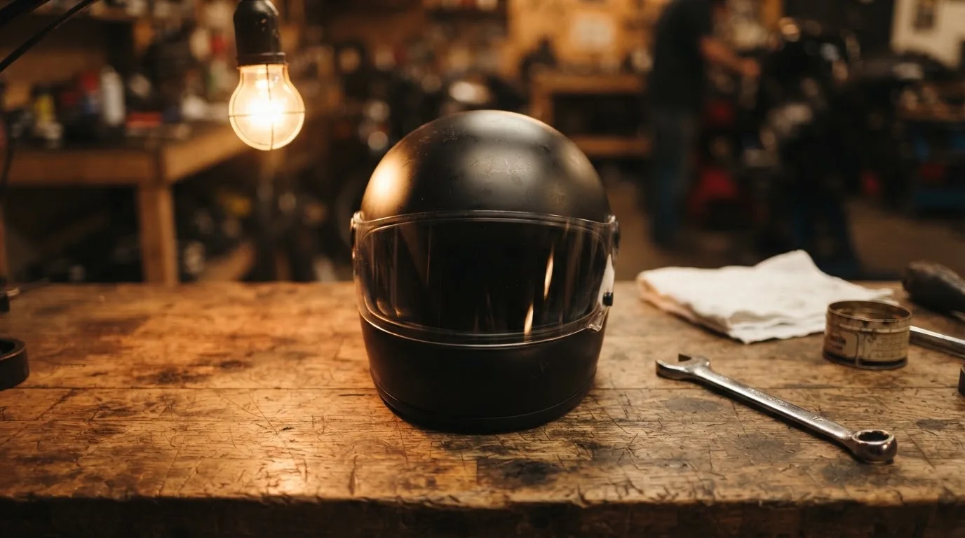 Ein schwarzer Motorradhelm ohne Aufdruck liegt auf einer Werkbank neben einem Schraubenschlüssel, warmes Licht einer Werkstatt.