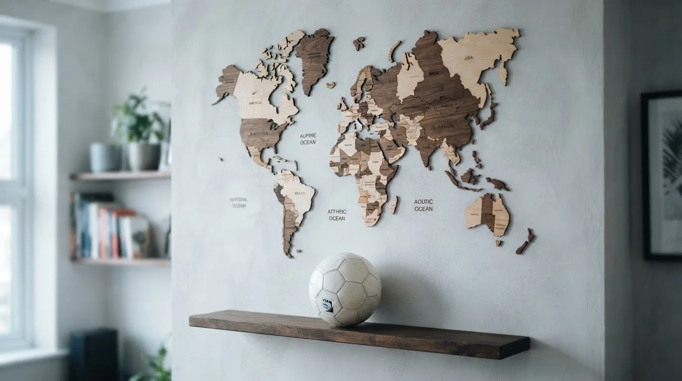 Eine Weltkarte aus Holz hängt an einer Wand, davor liegt ein Fußball auf einem Regal, ohne erkennbare Beschriftung.