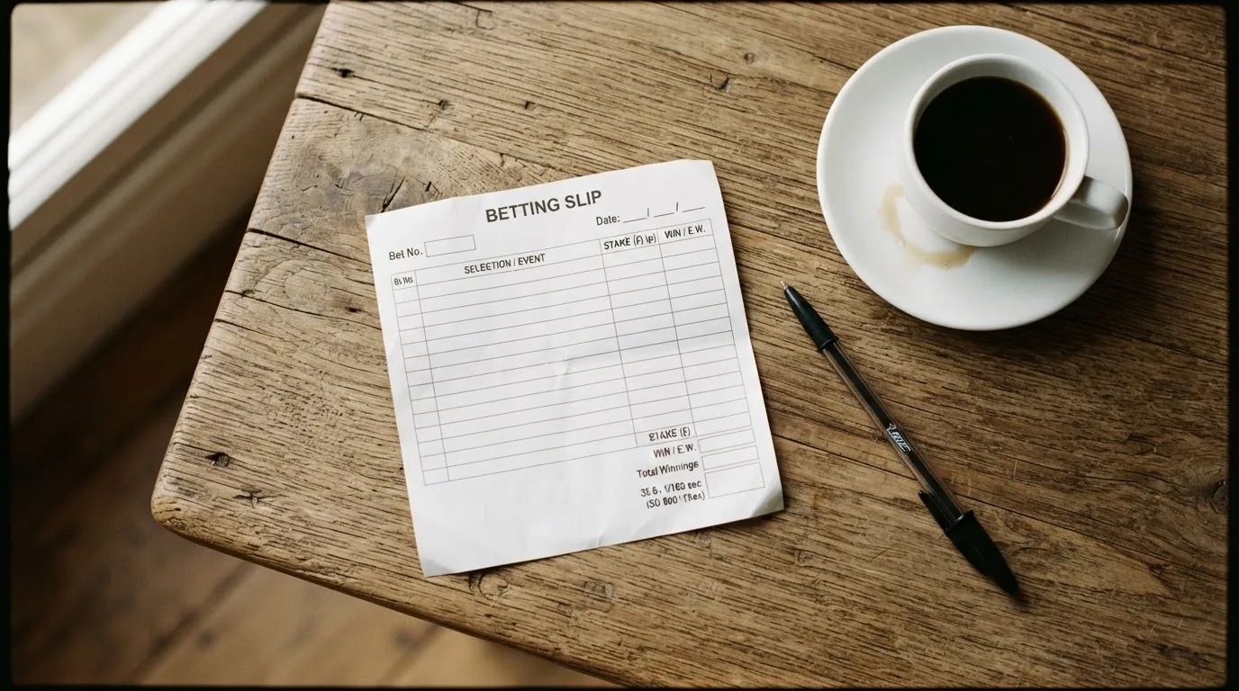 Ein leerer Wettschein aus Papier liegt neben einem Kugelschreiber und einer Tasse Kaffee auf einem Holztisch, Aufnahme von oben.