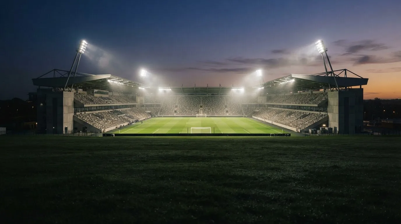 Ein großes Stadion unter Flutlicht, aus der Ferne über eine dunkle Wiese gesehen, die Lichtmasten spiegeln sich im Dunst der Abenddämmerung.