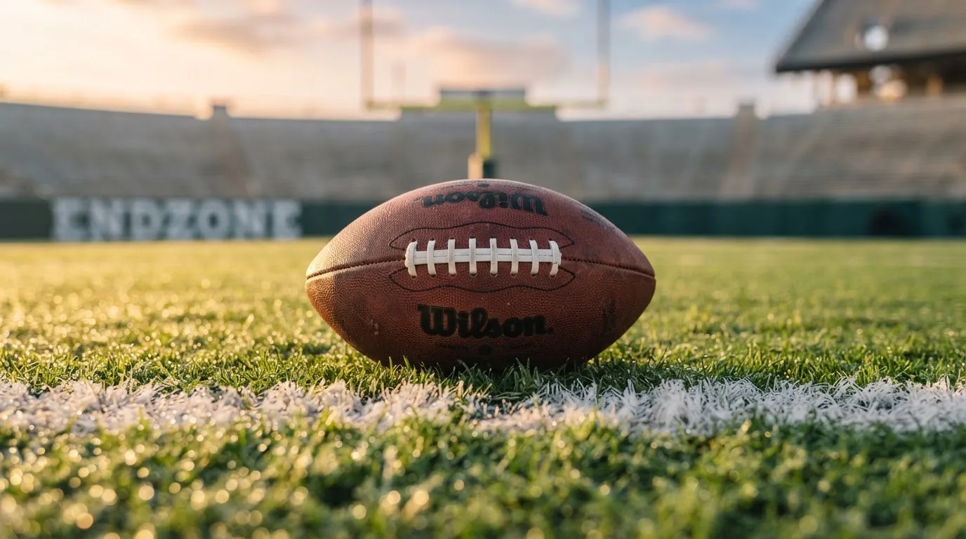 Ein ovaler Lederball mit heller Schnürung liegt auf dem Rasen vor der Endzone, Tau auf dem Gras im ersten Morgenlicht.