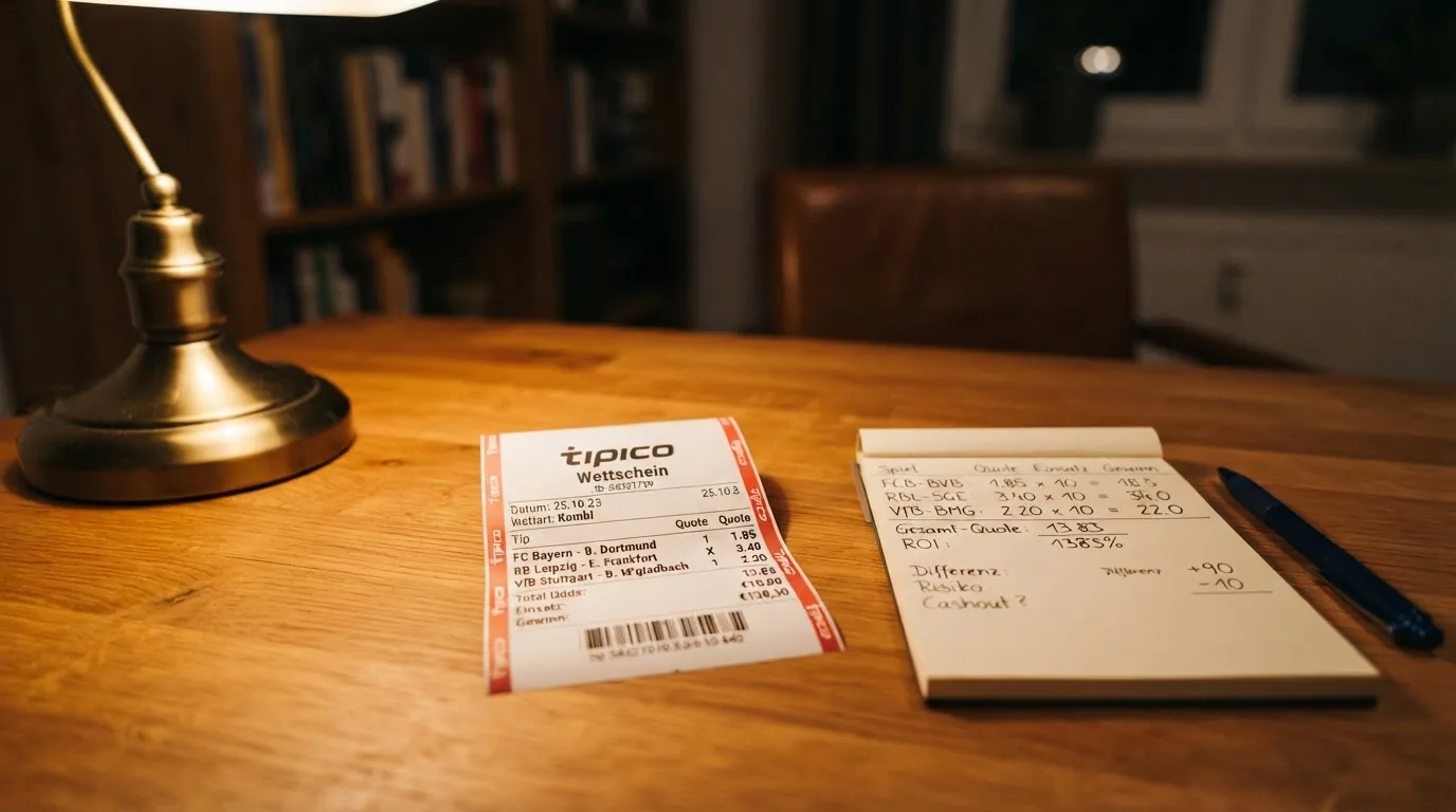 Ein leerer Papierwettschein, ein Kugelschreiber und ein Taschenrechner liegen auf einem Holztisch, warmes Licht einer Schreibtischlampe.