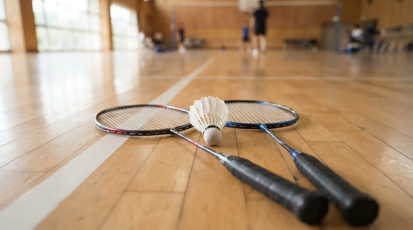 Zwei Badmintonschläger und ein Federball liegen auf einem Holzboden neben der Seitenlinie, weiches Licht fällt von der Seite ein.