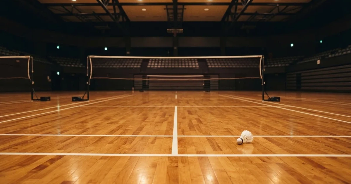 Eine leere Badmintonhalle mit gespanntem Netz und hellen Hallenlichtern, ein Federball liegt auf dem Hallenboden.