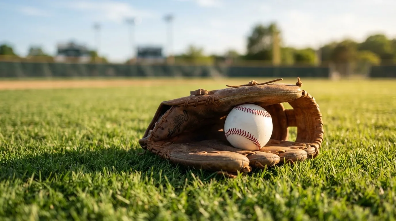 Ein weißer Baseball und ein Lederhandschuh liegen auf kurz geschnittenem Gras, im Hintergrund eine verschwommene Spielfeldbande.