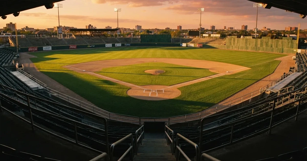 Ein Baseballfeld mit dem hellbraunen Infield und gepflegtem Rasen, von der Tribüne aus gesehen, die Ränge leer, tiefe Abendsonne.
