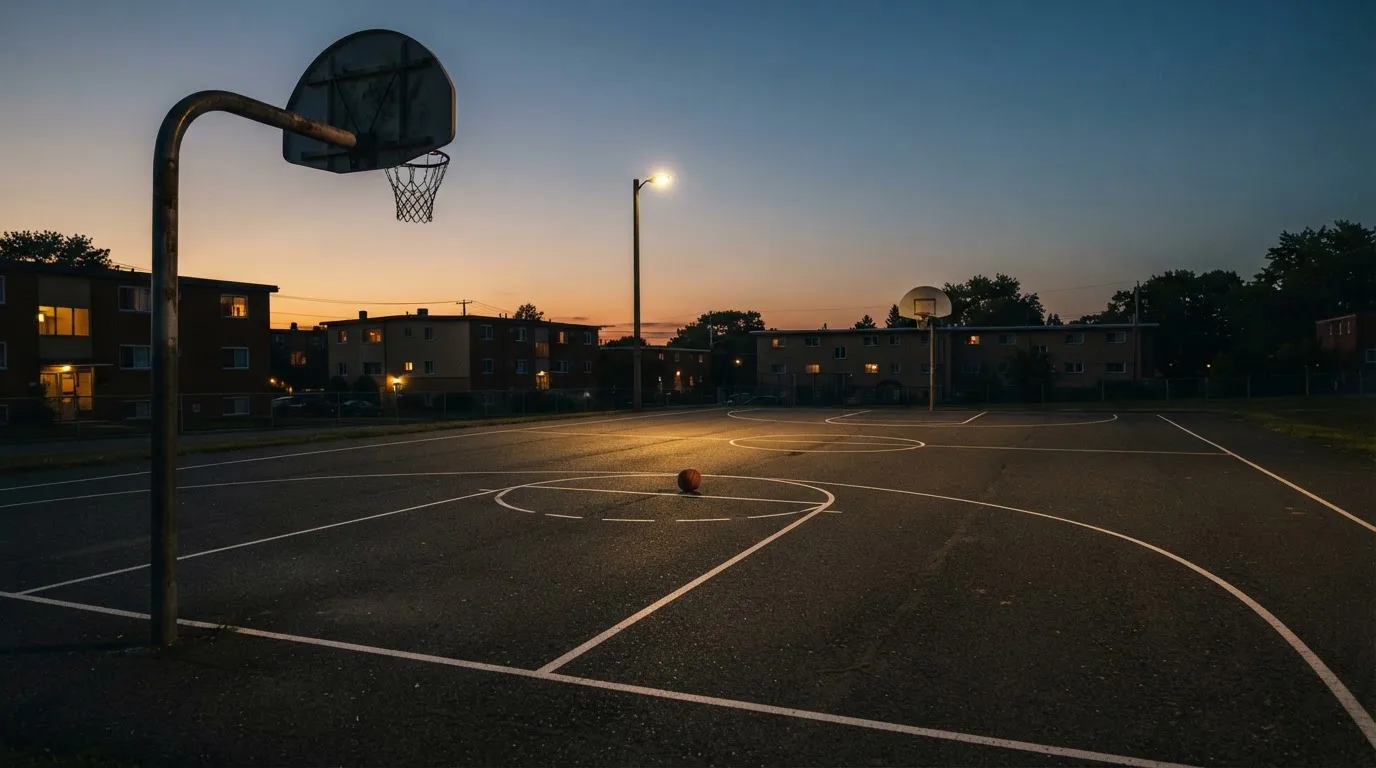 Ein Freiluft-Basketballplatz am Abend mit Asphalt, Linien und zwei Körben unter einer Straßenlaterne.
