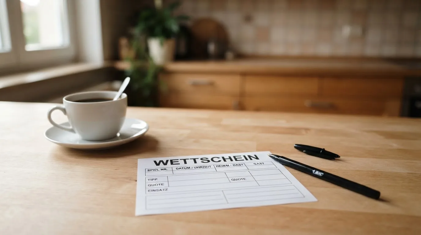 Ein leerer Wettschein aus Papier liegt neben einem Kugelschreiber und einer Tasse auf einem hellen Holztisch.