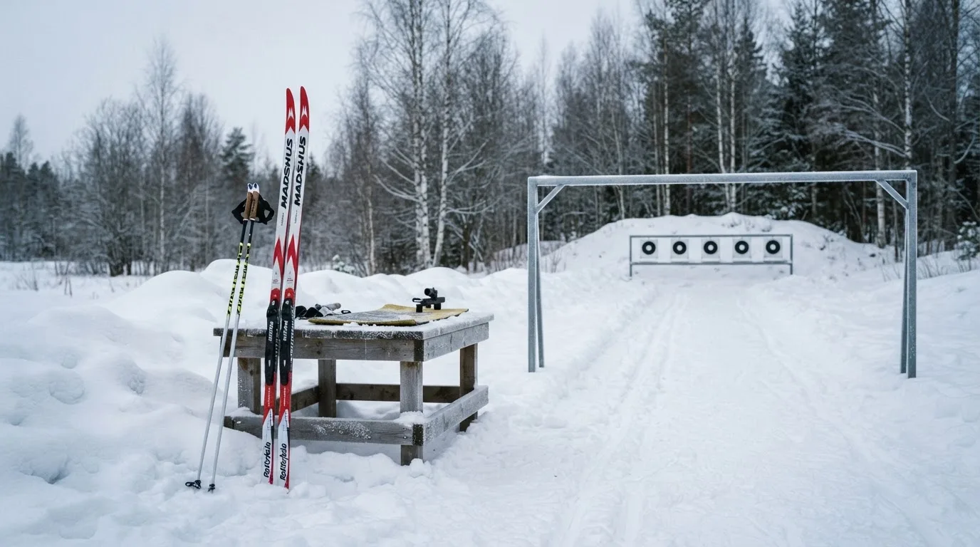 Ein Paar Langlaufskier steckt aufrecht im Schnee neben einem leeren Schießstand mit runden Zielscheiben, kaltes Winterlicht.