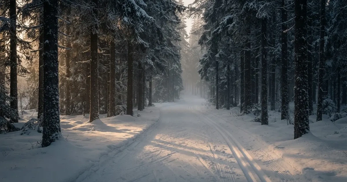 Eine verschneite Loipe zwischen Fichten im Morgenlicht, frische Spuren im Schnee, kein Mensch zu sehen.