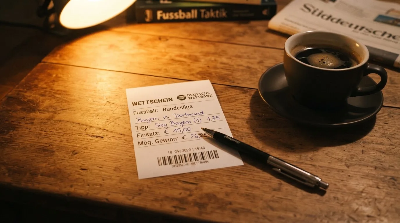 Ein leerer Papierwettschein und ein Kugelschreiber liegen auf einem Holztisch neben einer Tasse, warmes Licht einer Lampe.