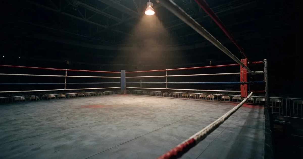 Ein Boxring mit gespannten Seilen in einer leeren Halle, ein einzelner Scheinwerfer leuchtet von oben auf die Ringmatte.