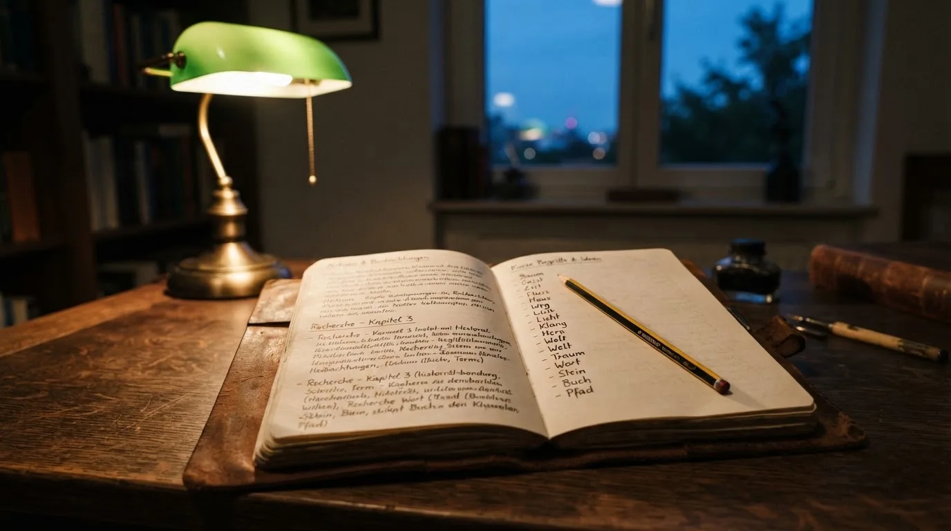 Ein Notizbuch mit handschriftlichen Notizen und ein Bleistift liegen neben einer Tischlampe auf einem Schreibtisch, ruhiges Abendlicht.