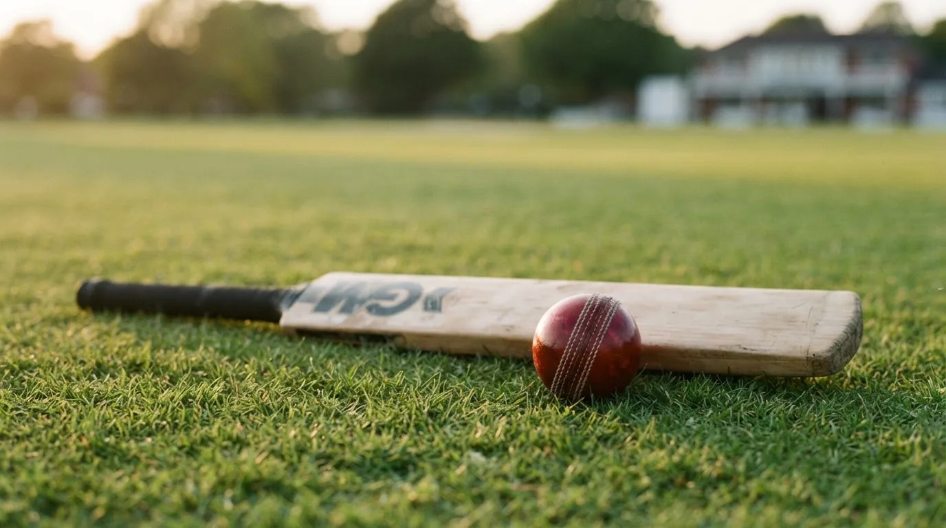Ein Cricketschläger aus hellem Holz und ein roter Lederball liegen auf kurzem Rasen, weiches Abendlicht.