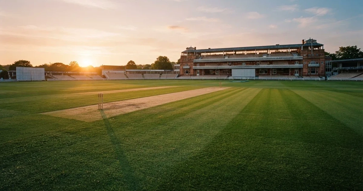 Ein weites grünes Cricketfeld mit einem hellen Streifen in der Mitte, tief stehende Sonne, im Hintergrund eine leere Tribüne.